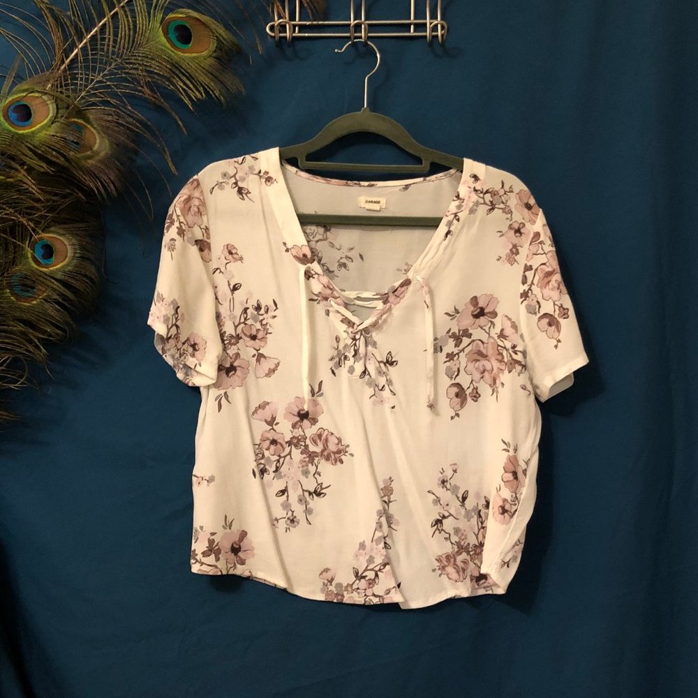 Cropped White Floral Blouse with Tie Front